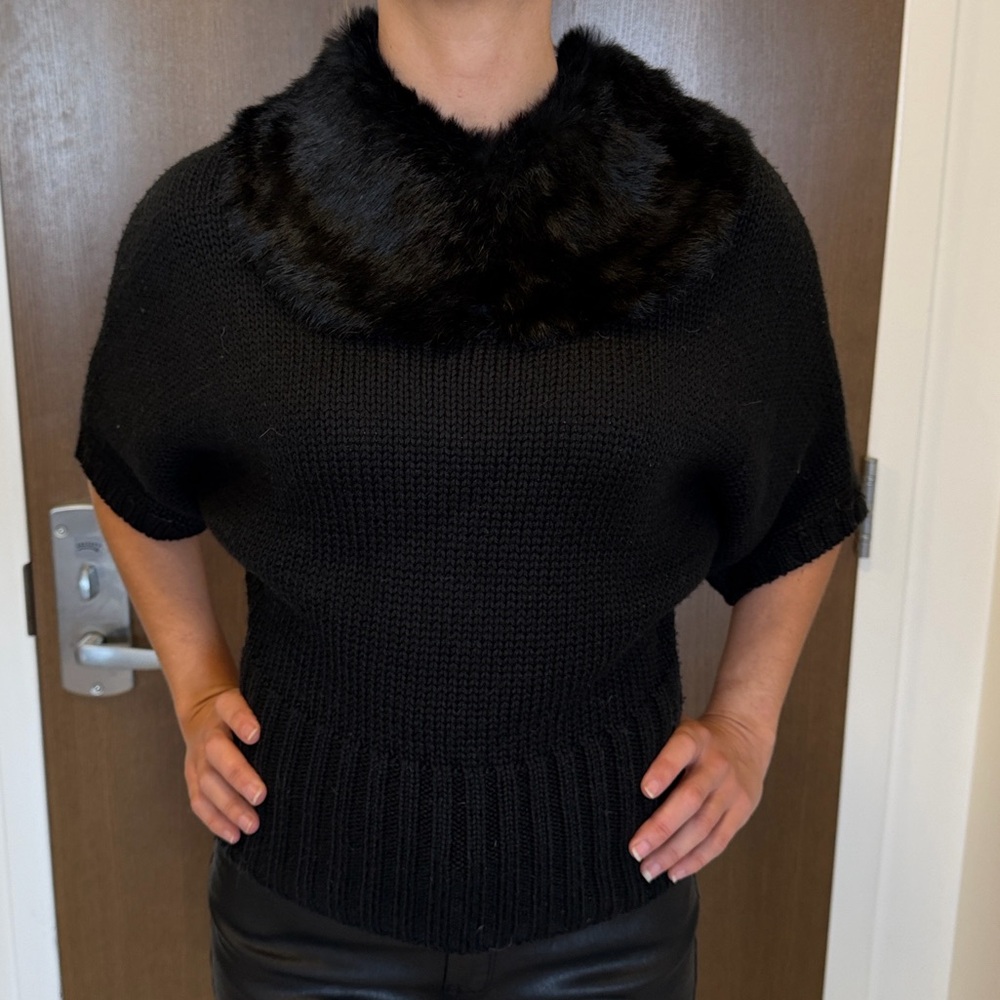 BeBe Black Wool Sweater with 100% Soft Rabbit Fur Collar & Komono Style Sleeves